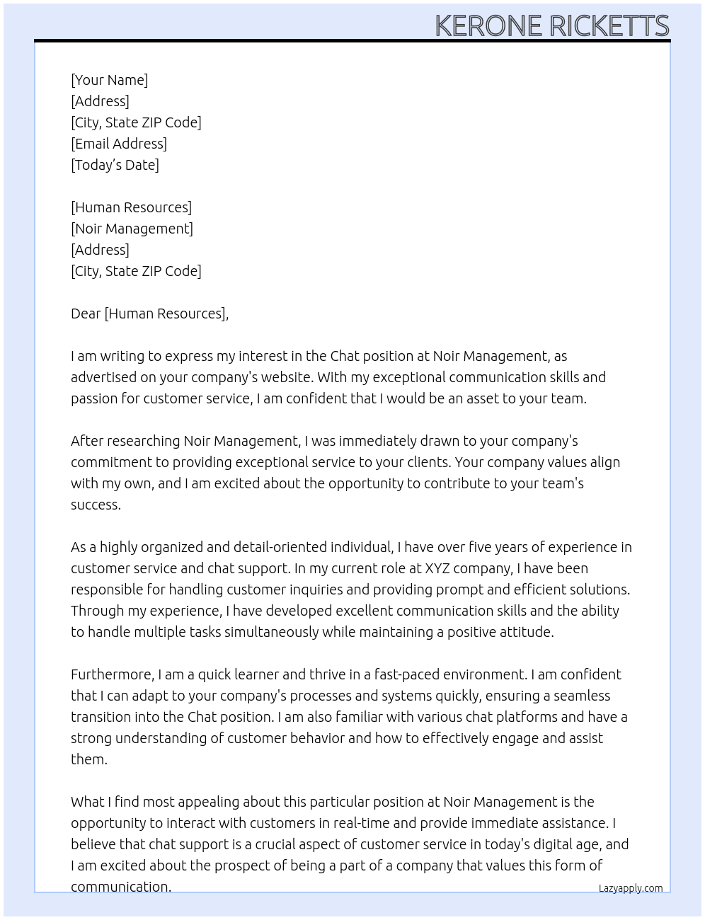 Chat At Noir Management Cover Letter