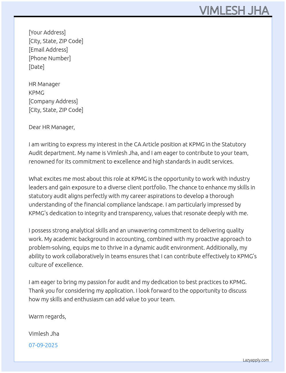 Ca article At KPMG Cover Letter