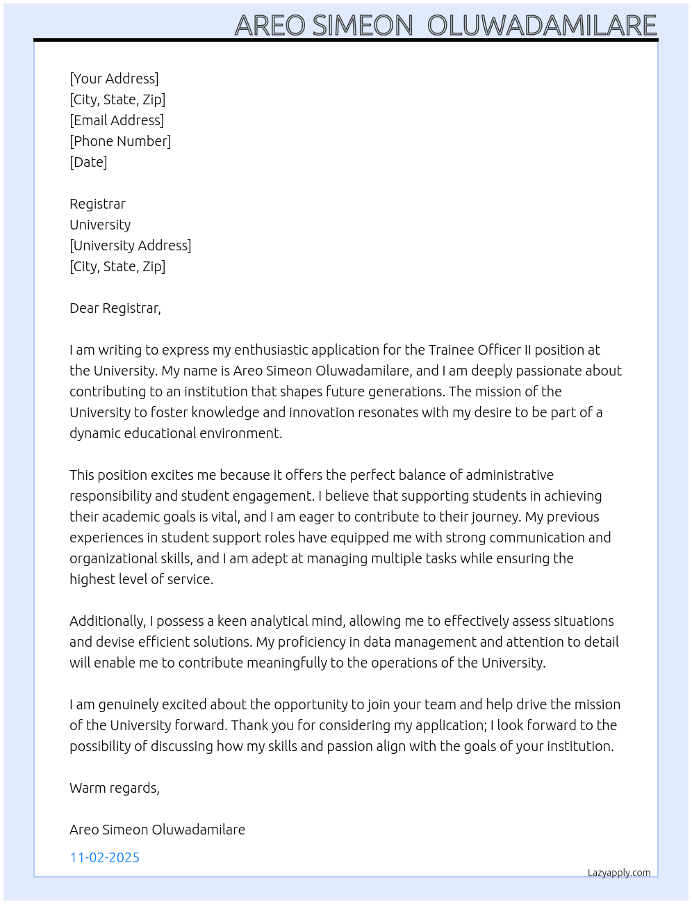 Trainee officer II At University  Cover Letter