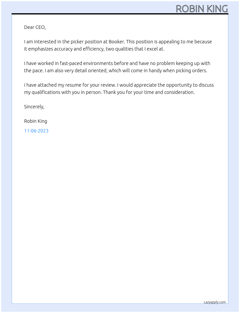 Picker At Booker Cover Letter