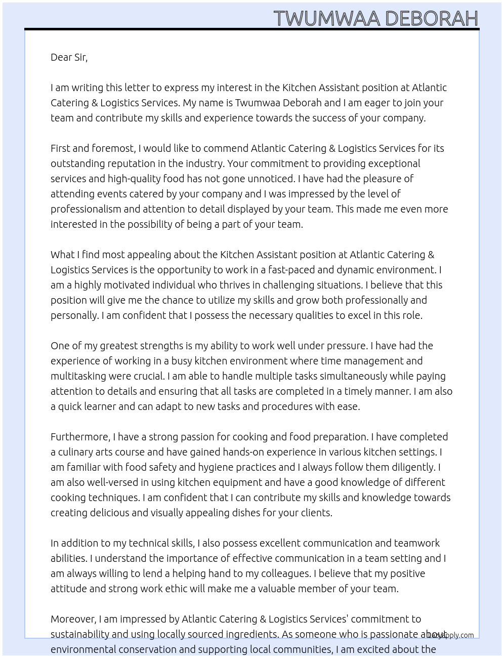 Kitchen Assistant At Atlantic Catering & Logistics Services Cover Letter