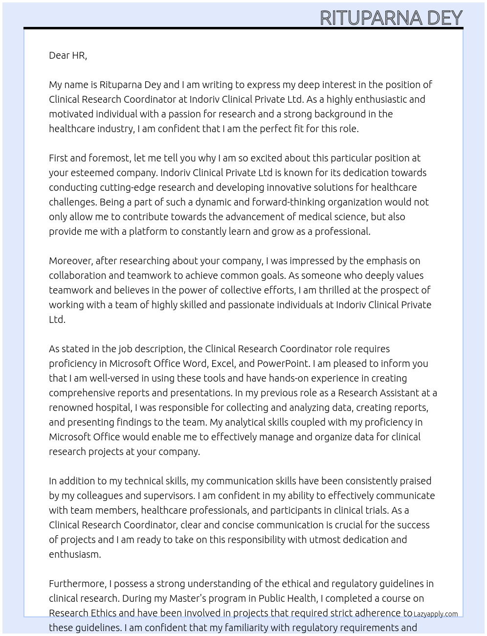 Clinical Research Coordinator At Indoriv Clinical Private Ltd Cover Letter