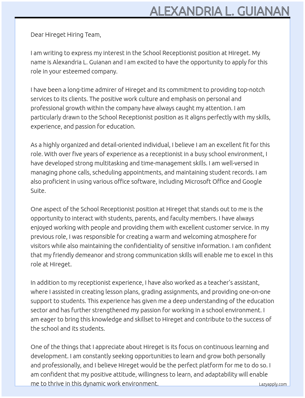 School Receptionist At Hireget Cover Letter