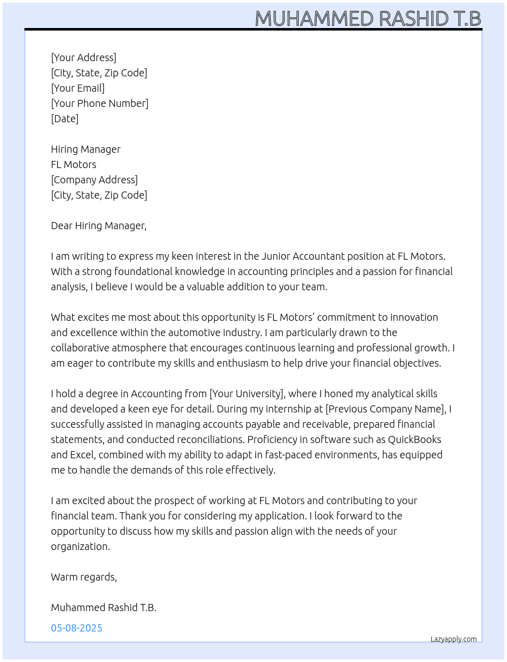 Junior accountant At Fl motors Cover Letter