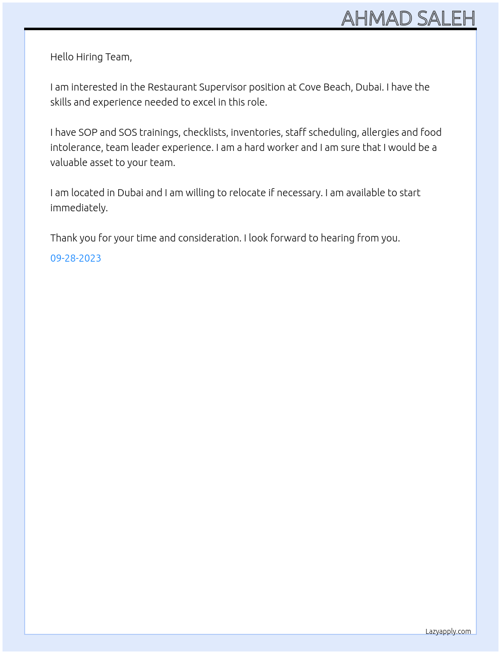 Restaurant Supervisor At Cove Beach, Dubai Cover Letter