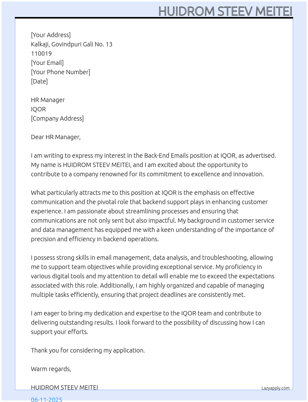 Back-end-emails At IQOR Cover Letter