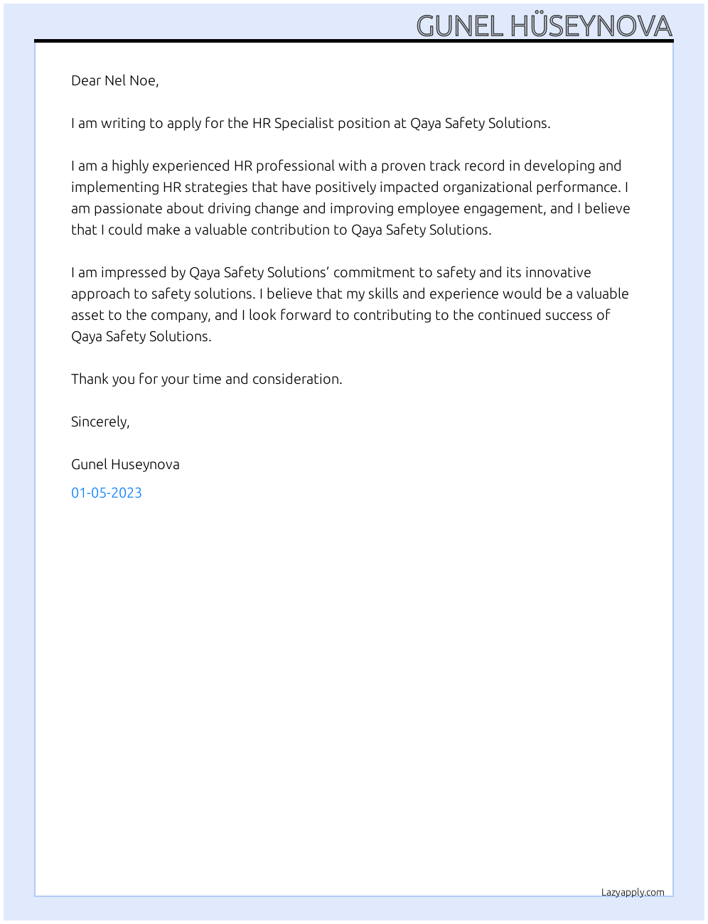Hr specialist At Qaya Safety Solutions Cover Letter