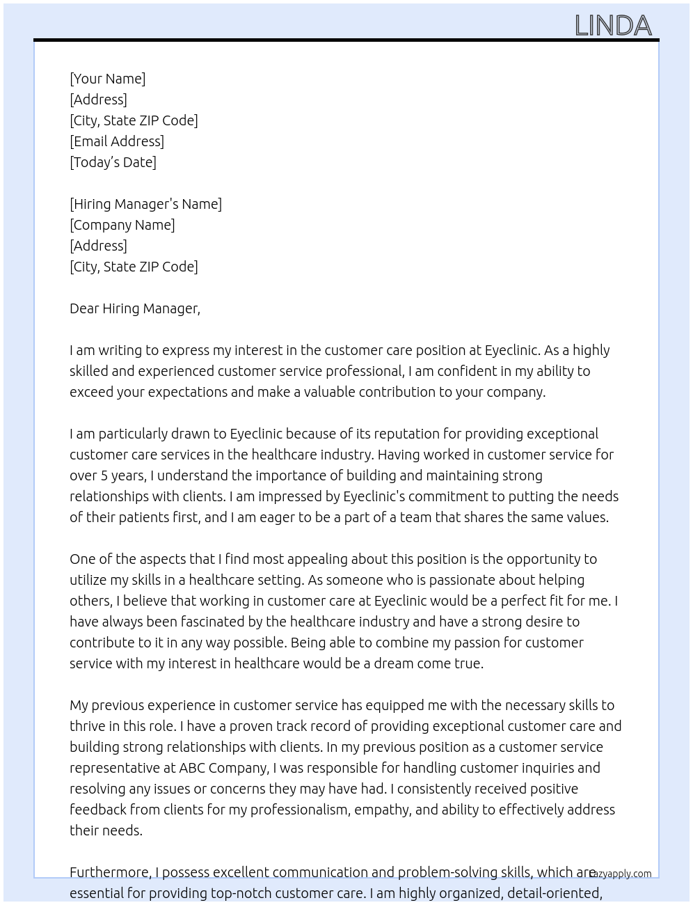 Customer care At Eyeclinuc Cover Letter