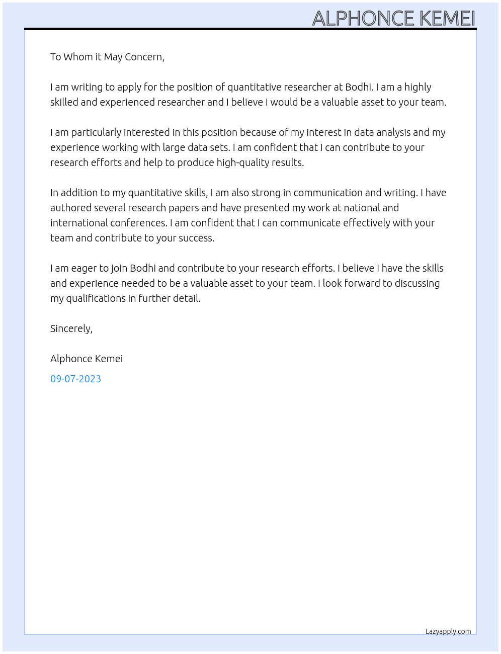 quantitative researcher At bodhi Cover Letter