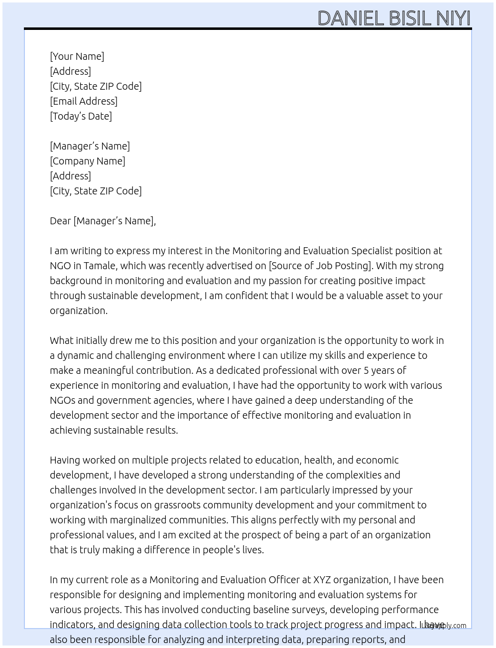 Monitoring and Evaluation Specialist At NGO Cover Letter