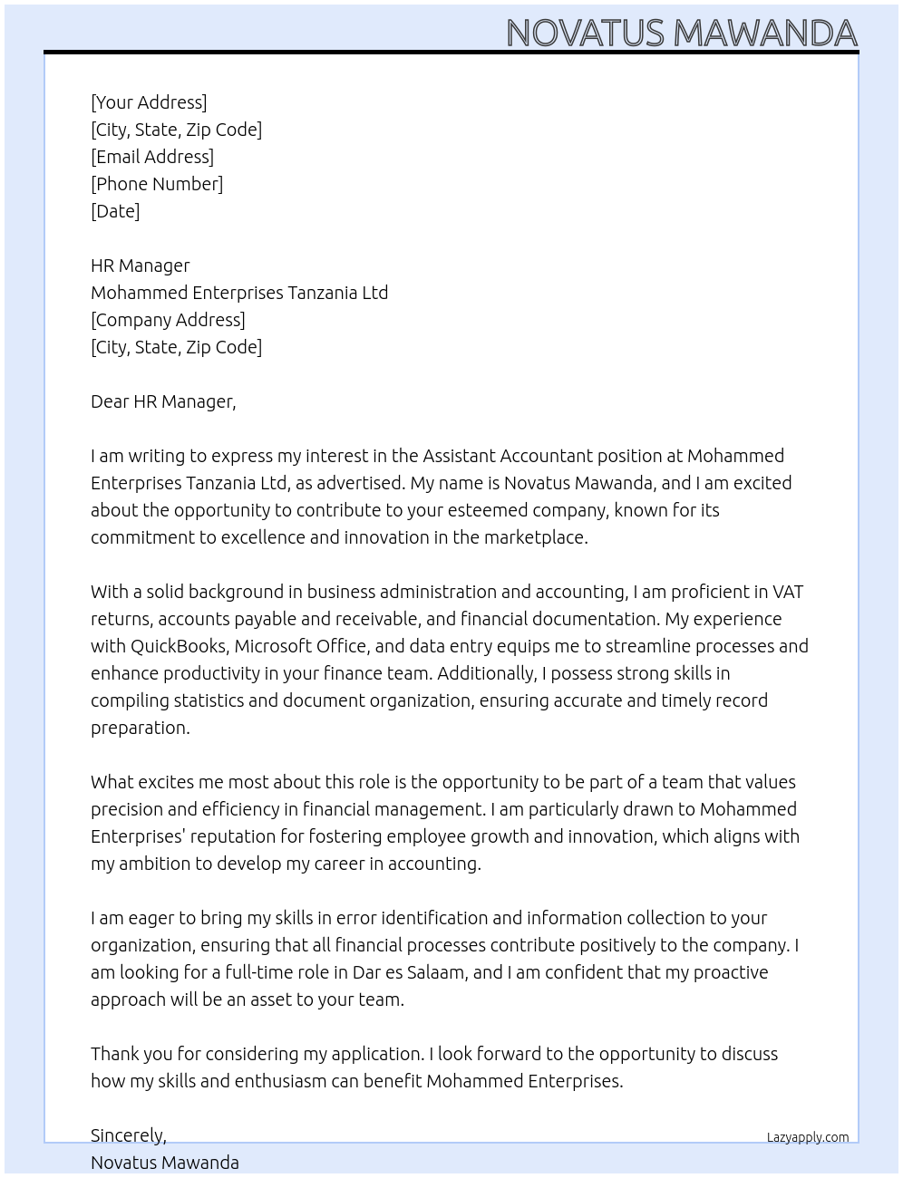 ASSISTANT ACCOUNTANT At MOHAMMED ENTERPRISES TANZANIA LTD Cover Letter