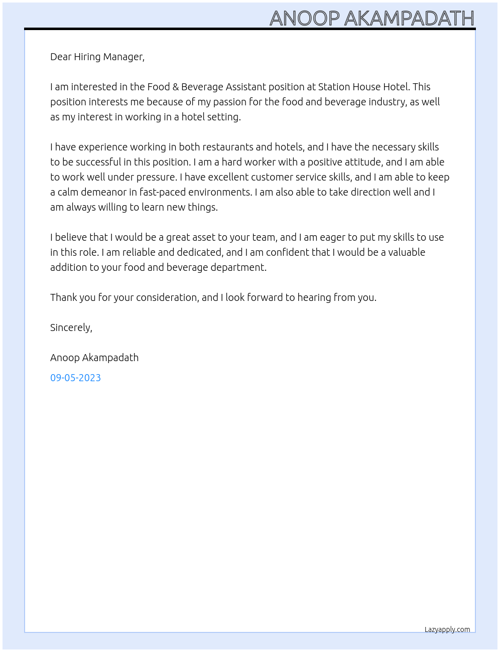 Food & Beverage Assistant At Station House Hotel Cover Letter