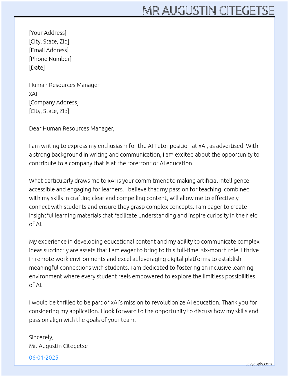AI Tutor At xAI Cover Letter