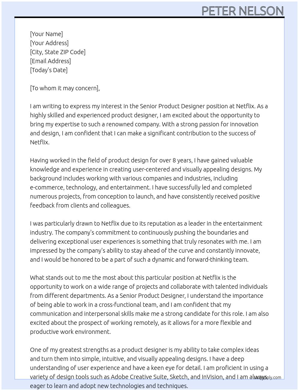 Senior Product Designer At Netflix Cover Letter