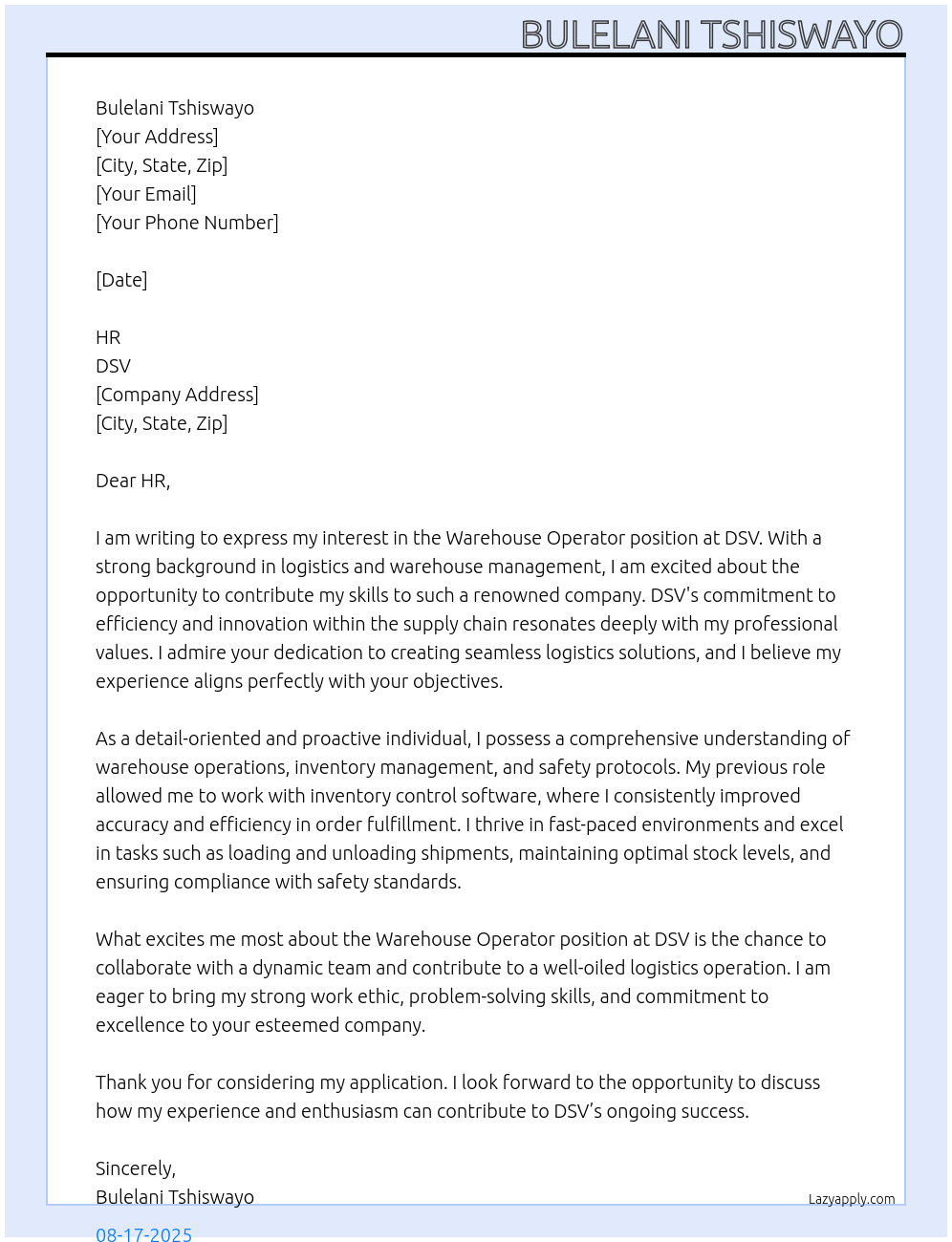 Warehouse Operator At DSV Cover Letter