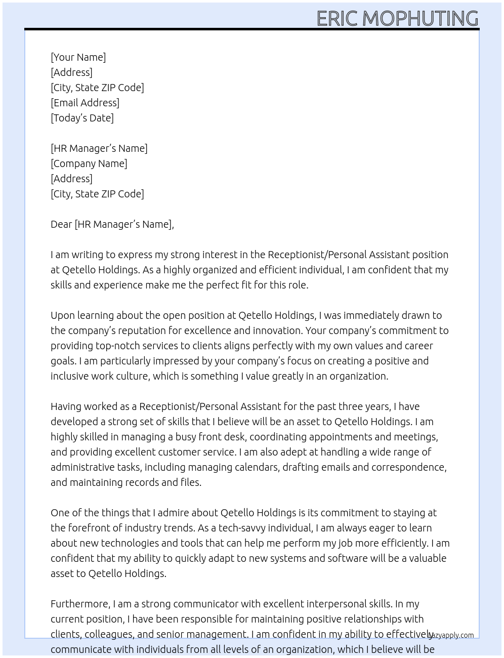 Receptionist/Personal Assistant At Qetello holdings Cover Letter