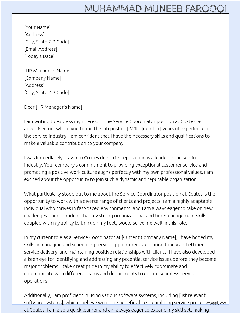 Service coordinator  At Coates Cover Letter