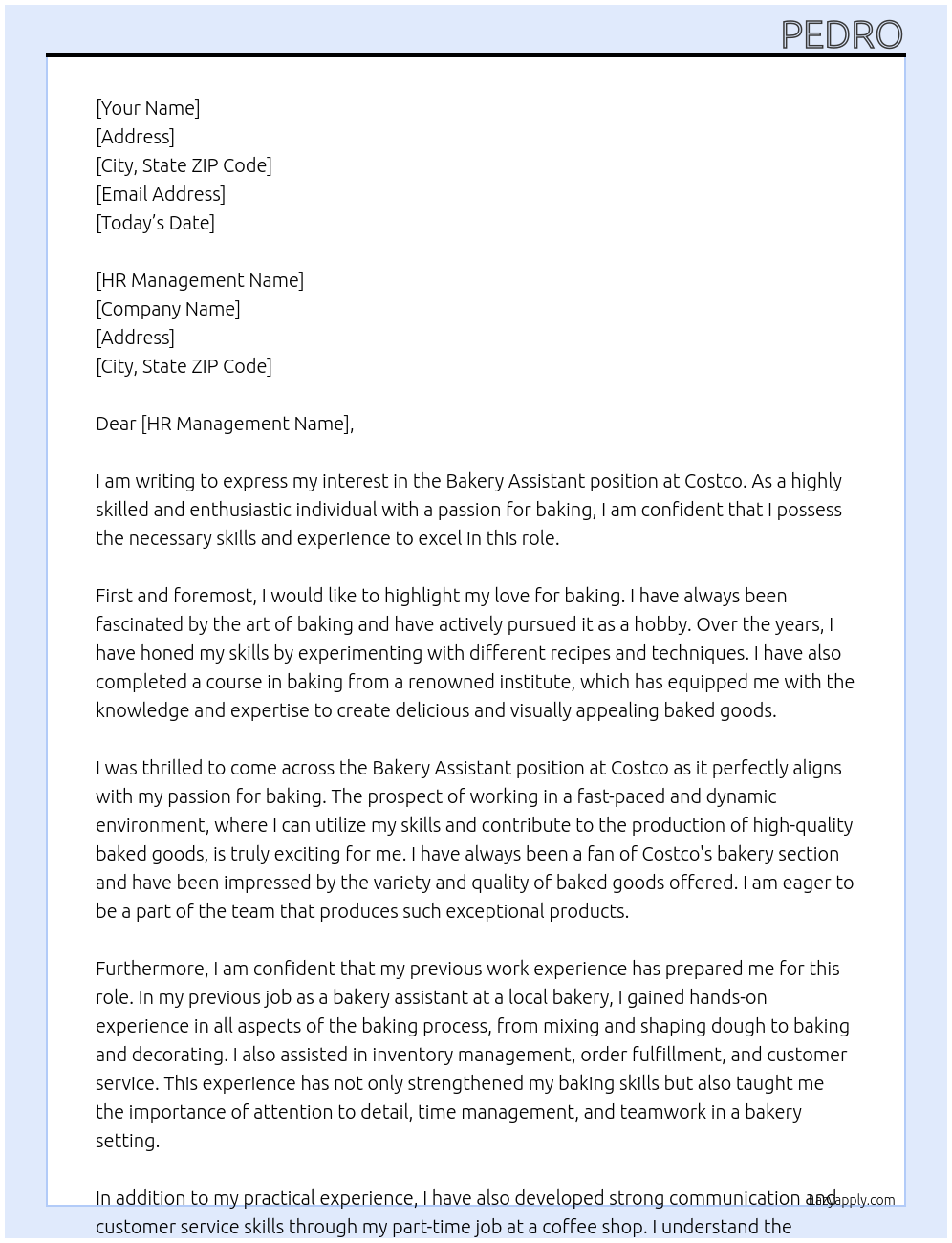 Bakery assistant At costco Cover Letter