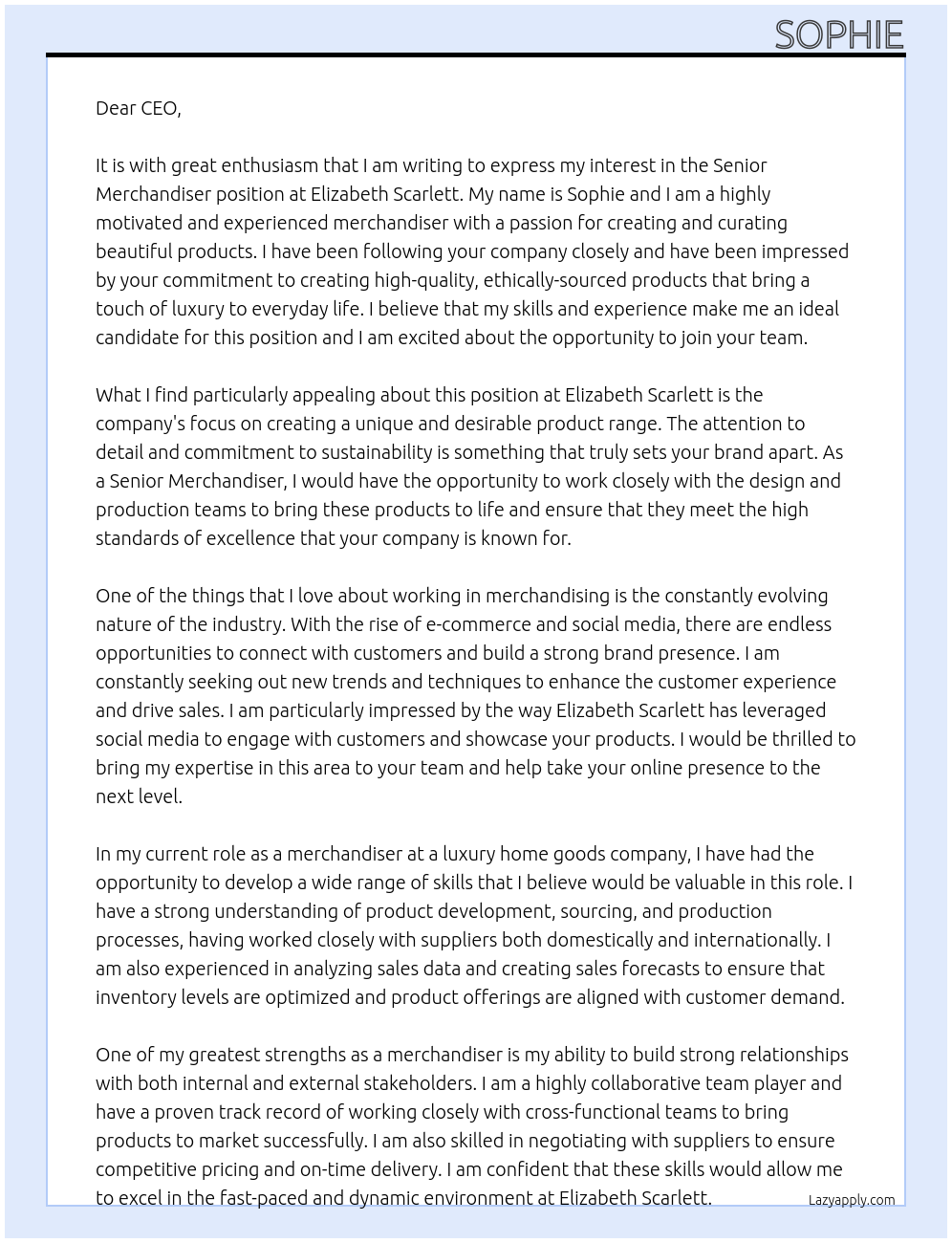 Senior Merchandiser At Elizabeth Scarlett Cover Letter