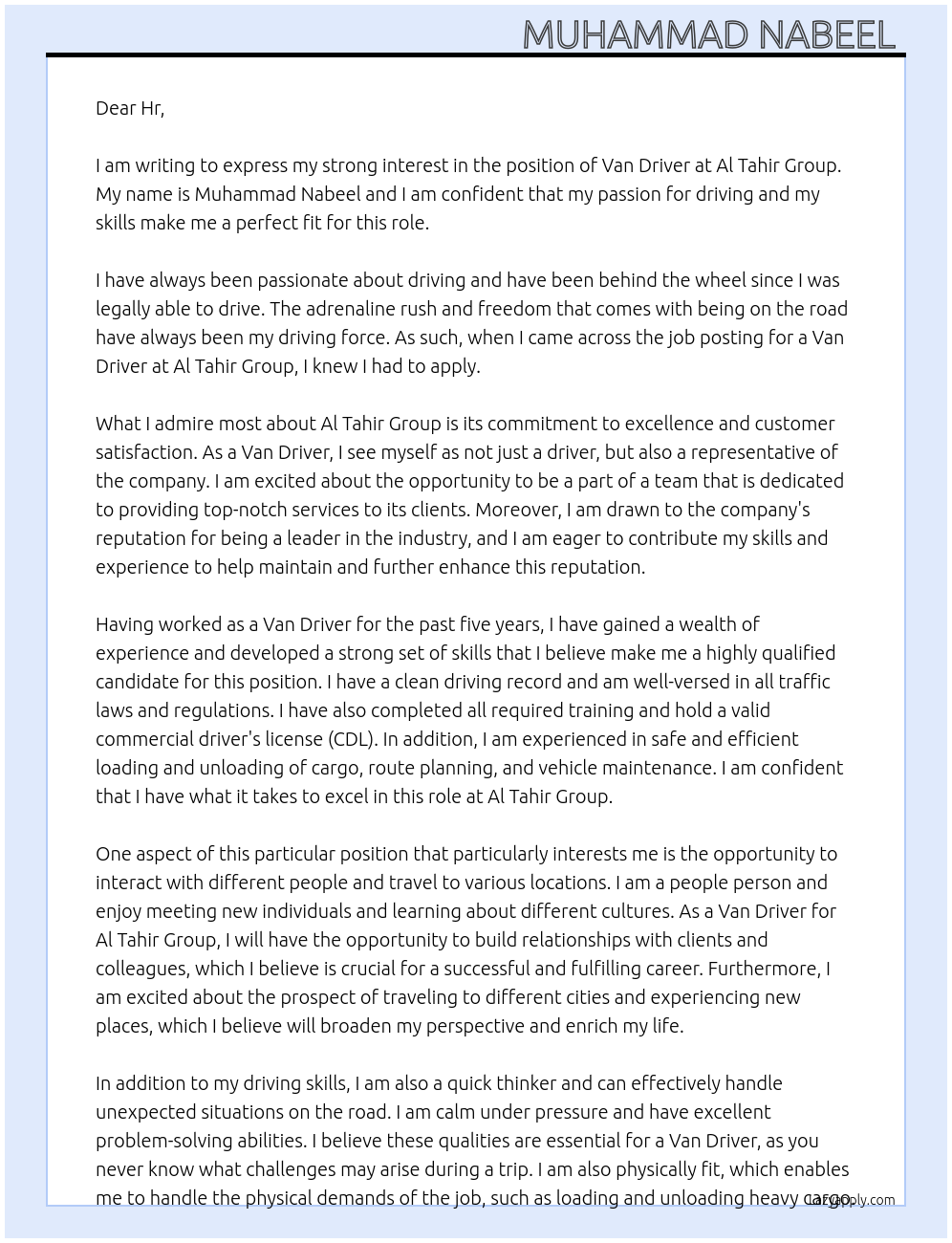 Van Driver At Al Tahir Group Cover Letter