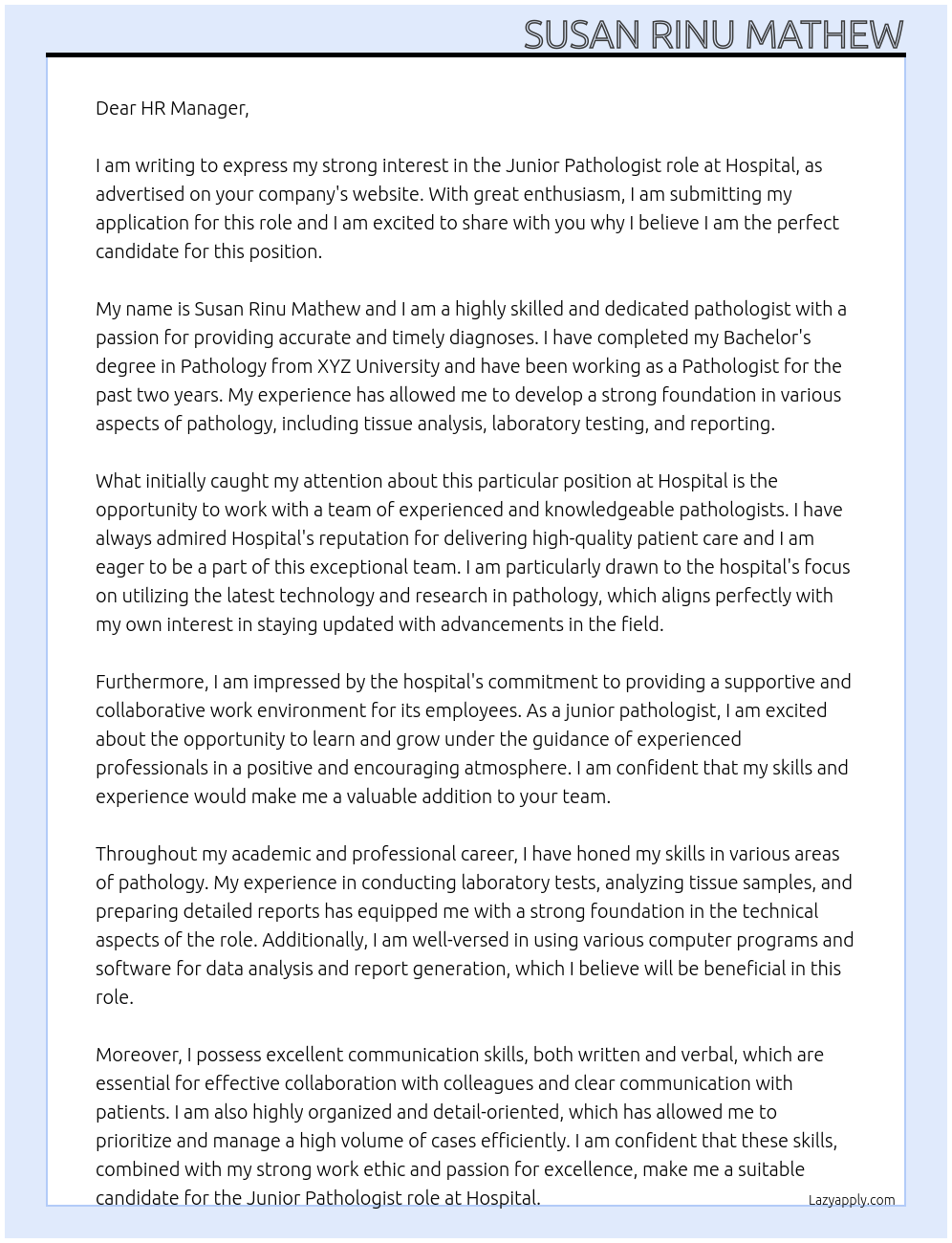 Pathologist At Hospital Cover Letter