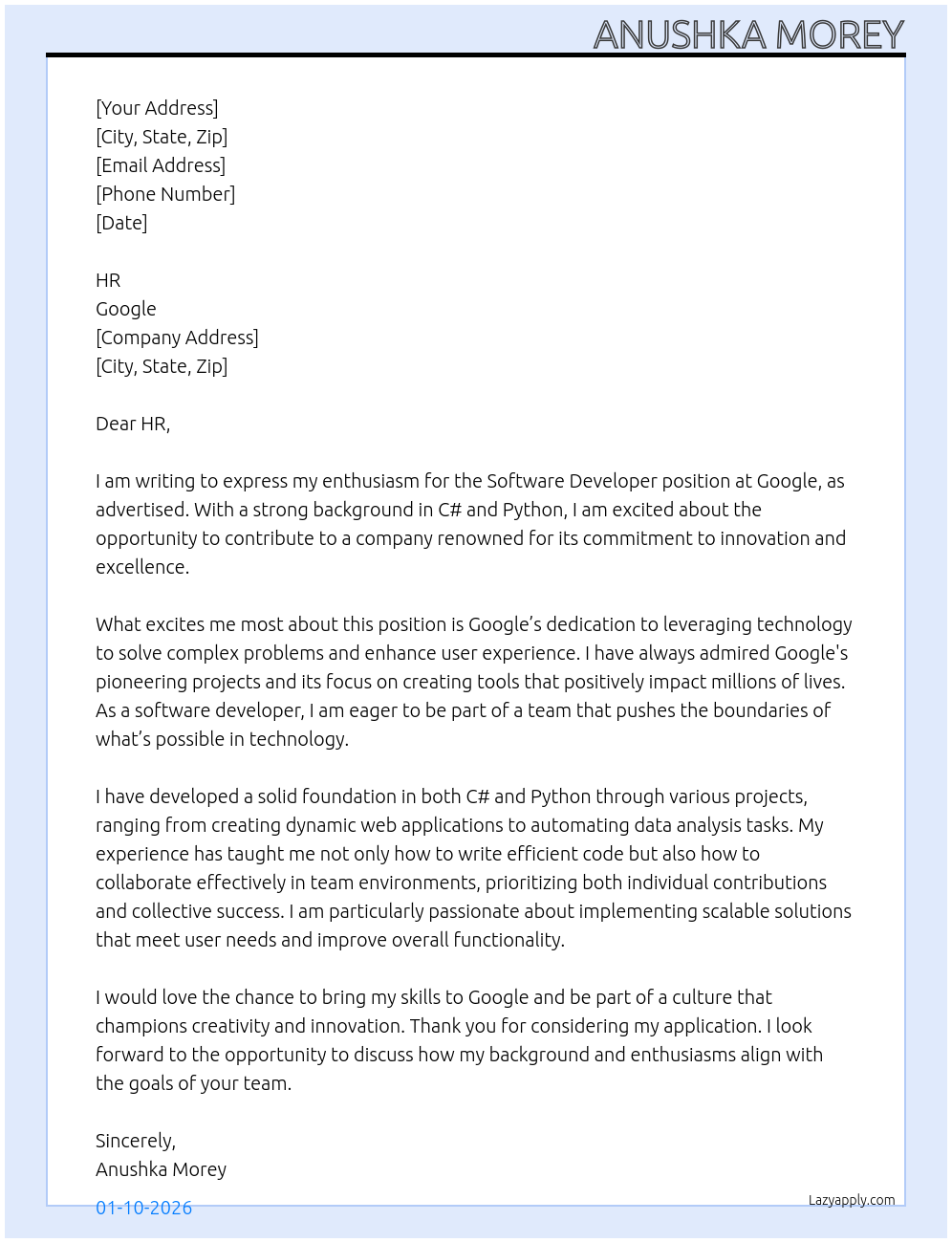 software developer At Google Cover Letter