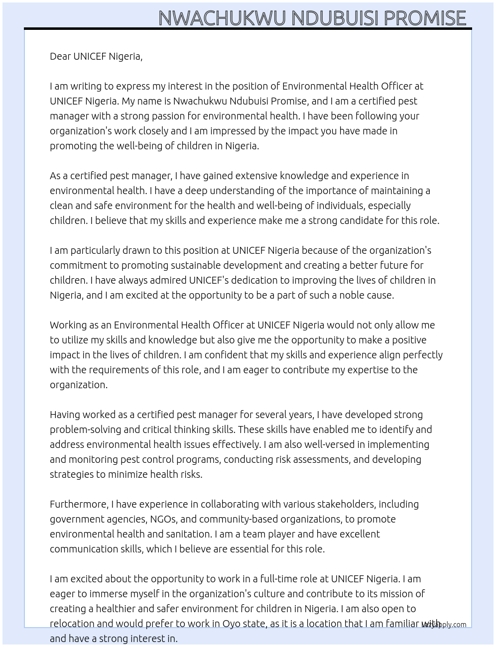 Environmental health officer  At UNICEF Nigeria  Cover Letter