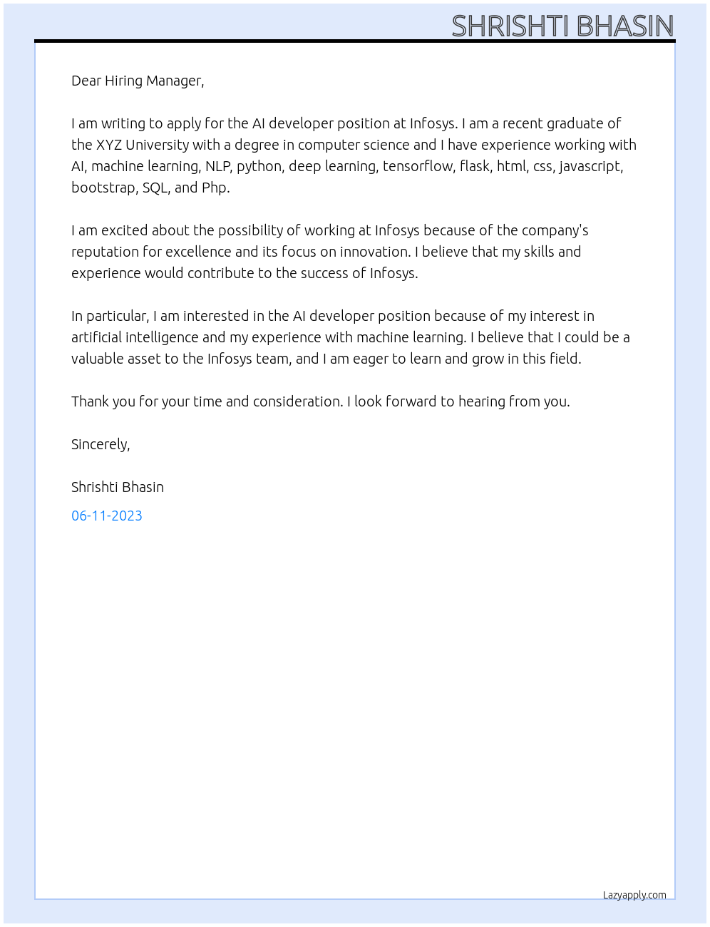 AI developer At Infosys Cover Letter