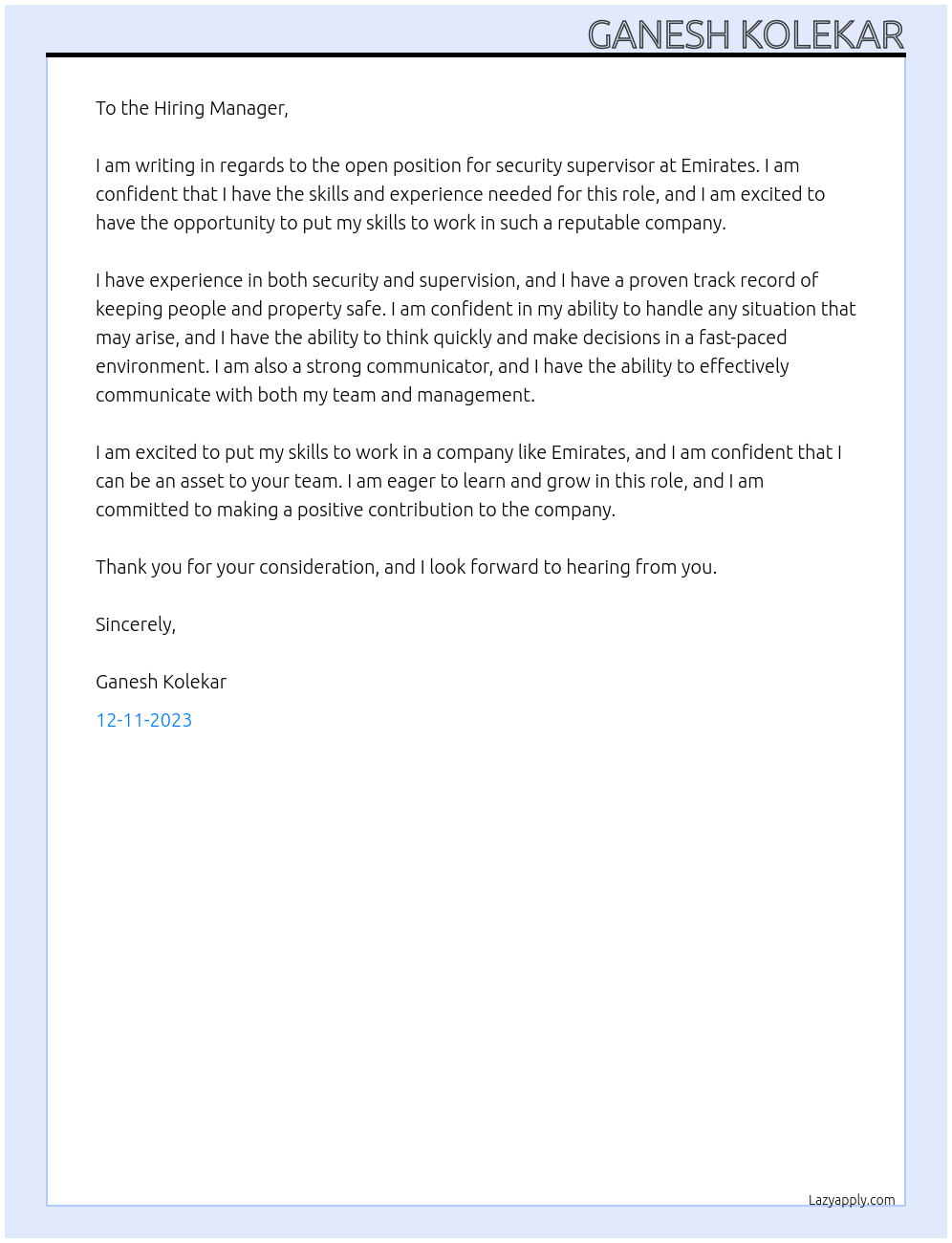 Security supervisor  At Emirates  Cover Letter