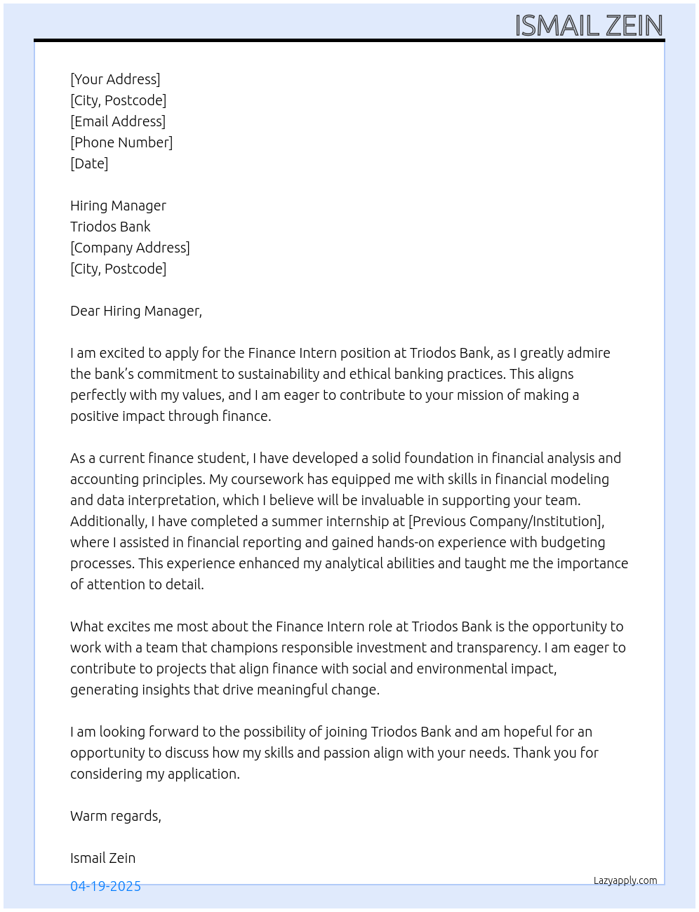 Finance Intern At Triodos Bank Cover Letter