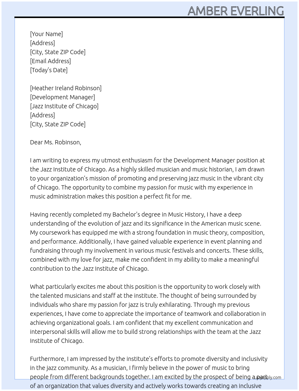 Development Manager At Jazz Institute of Chicago Cover Letter