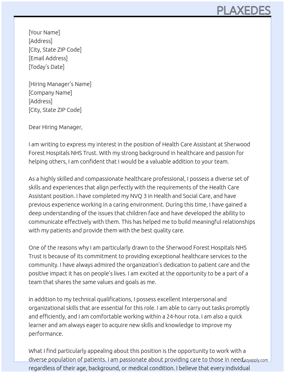 health care assistant At Sherwood Forest Hospitals NHS Trust Cover Letter