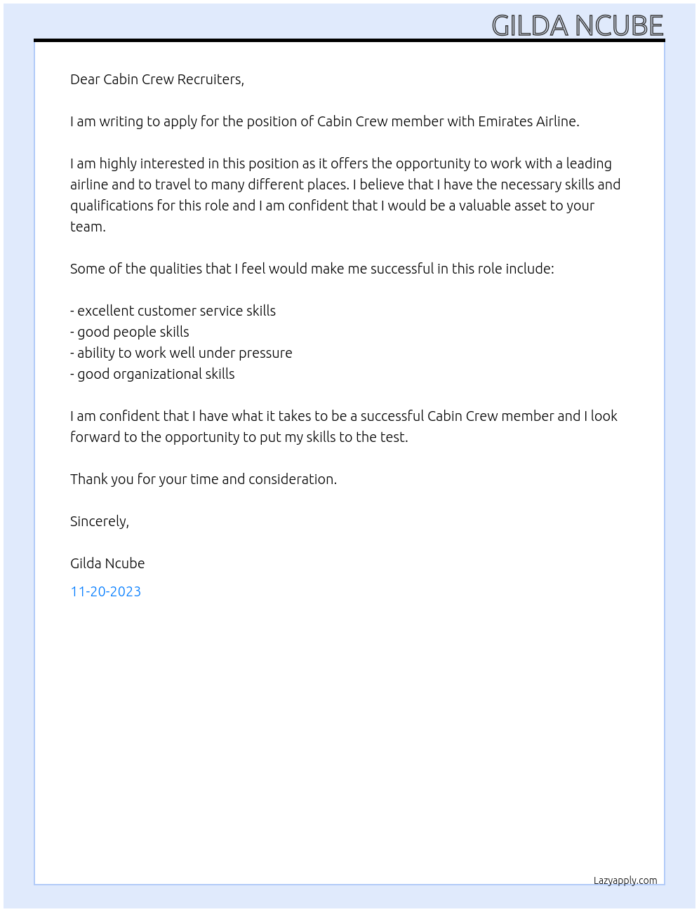 Cabin Crew member At Emirates Airline Cover Letter