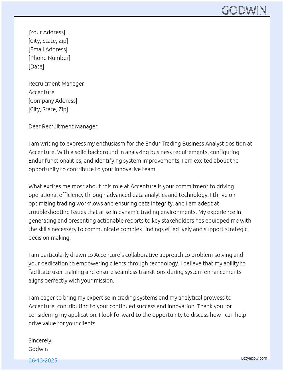 Endur Trading Business Analyst At Accenture Cover Letter