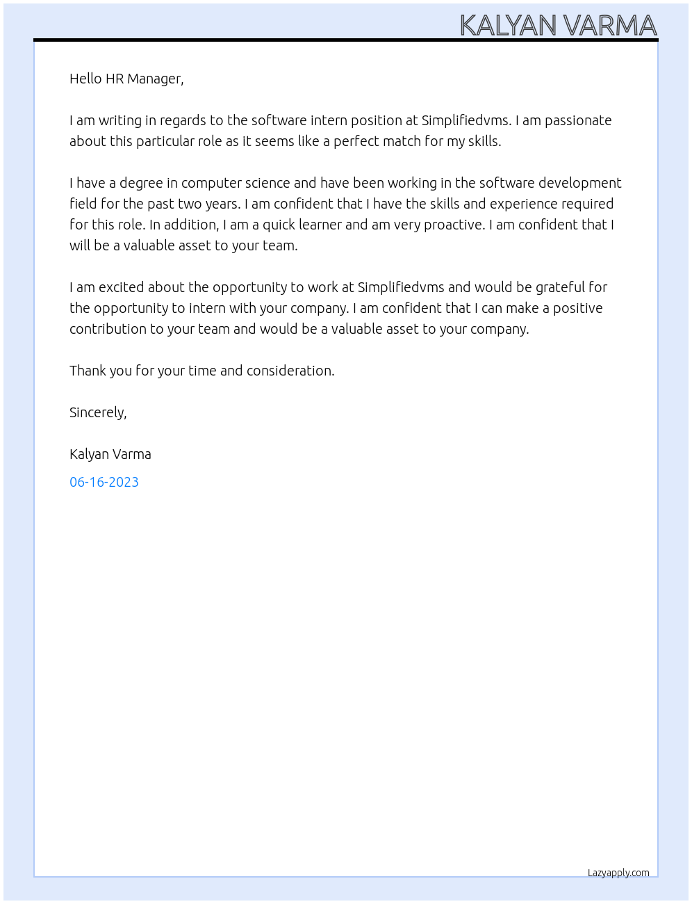 Software intern At Simplifiedvms Cover Letter