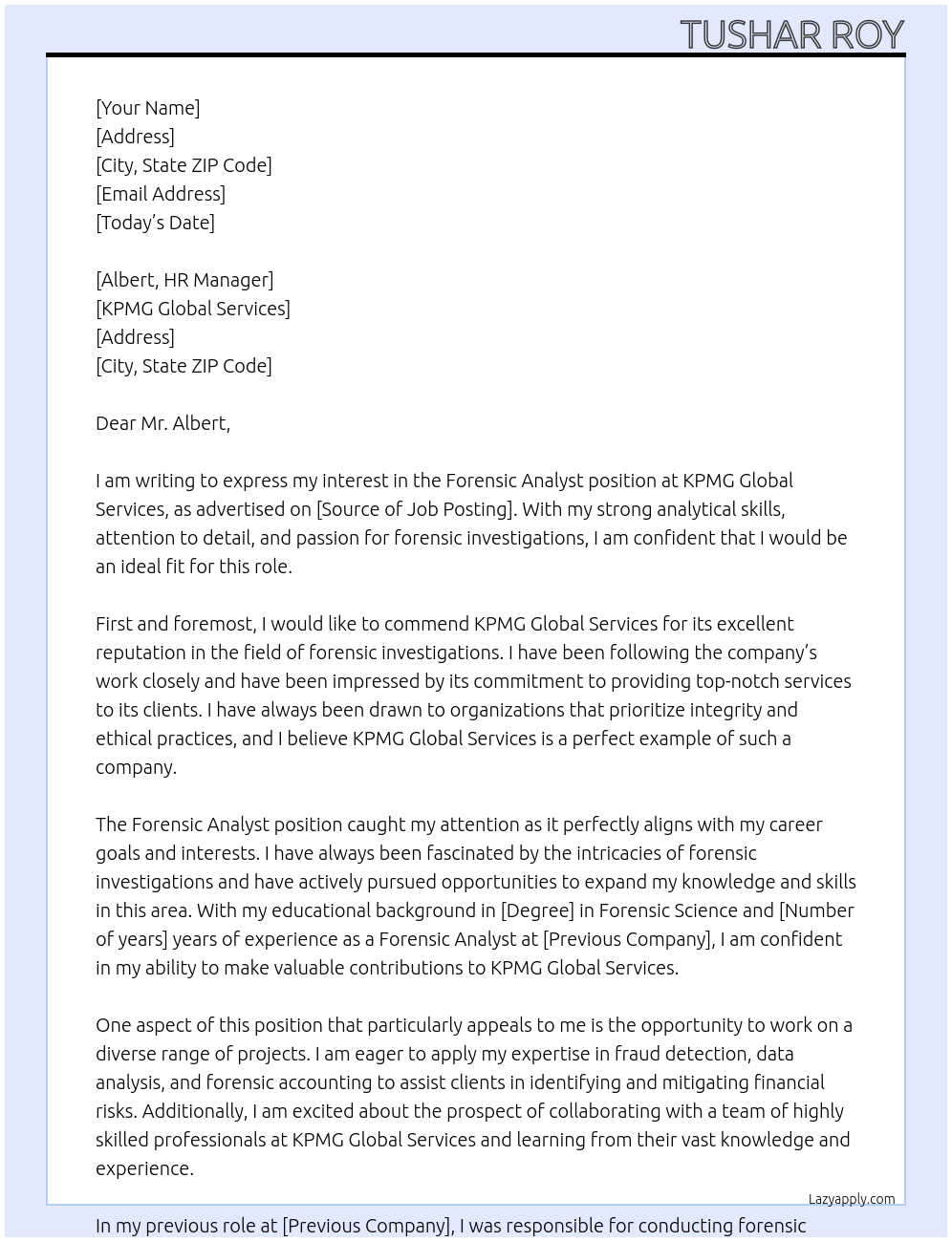 Forensic Analyst At KPMG Global Services Cover Letter