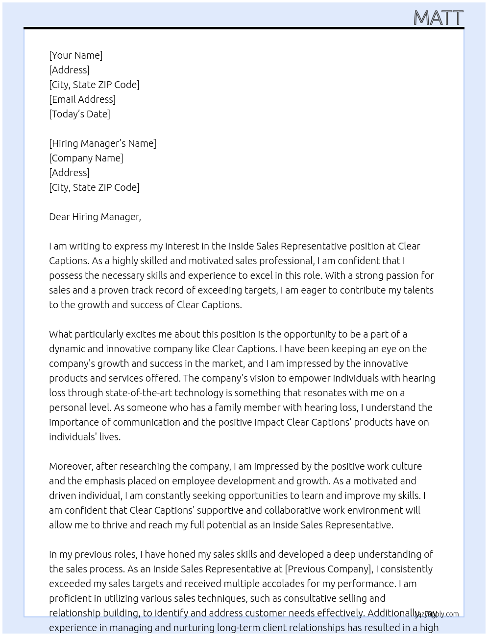 Inside Sales Representative At Clear Captions Cover Letter