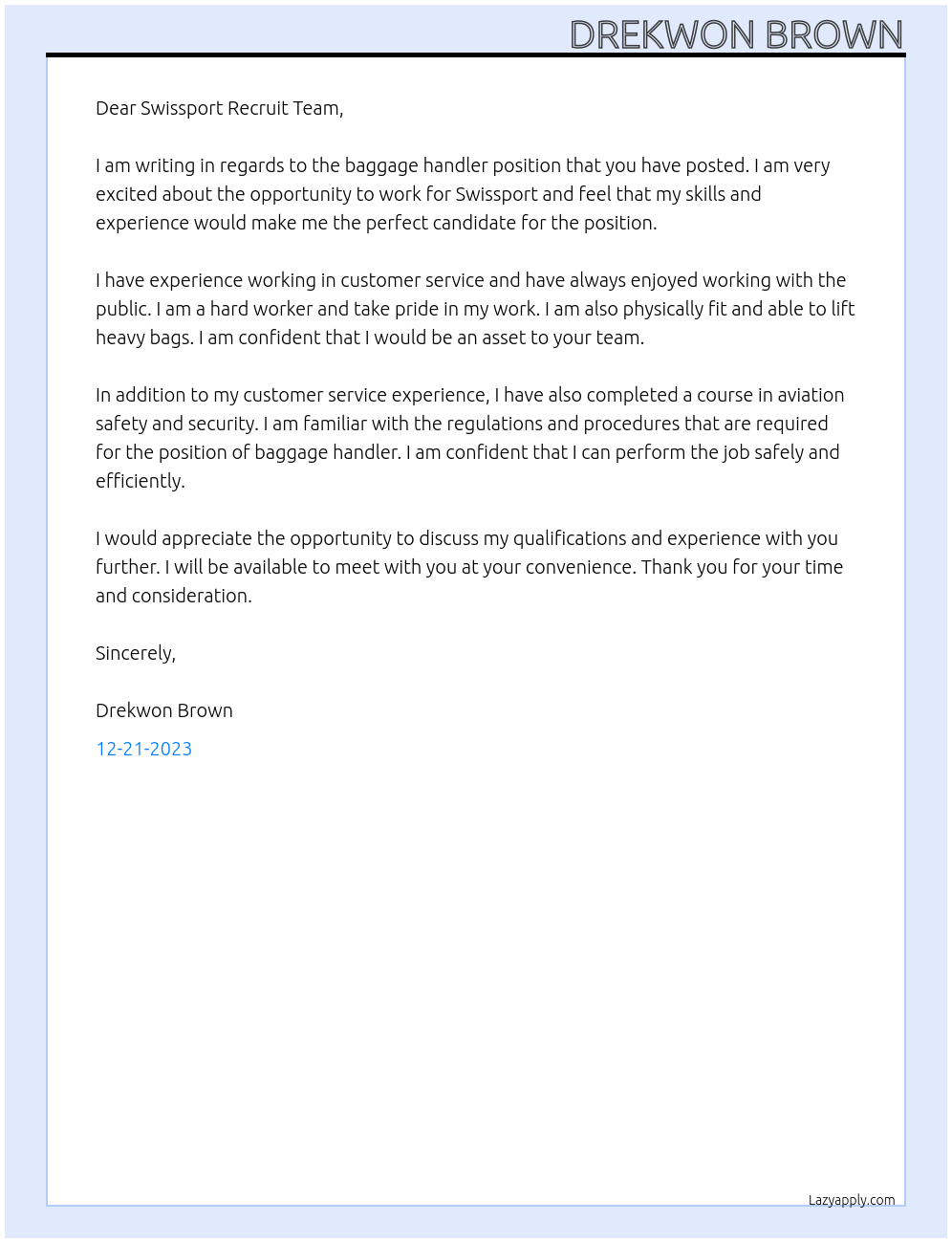 baggage handler  At Swissport Cover Letter