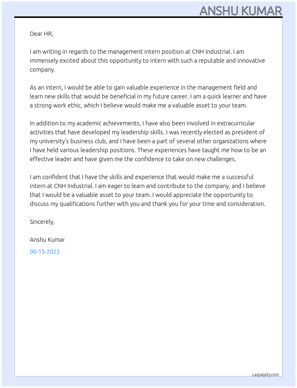 management intern At CNH Industrial Cover Letter