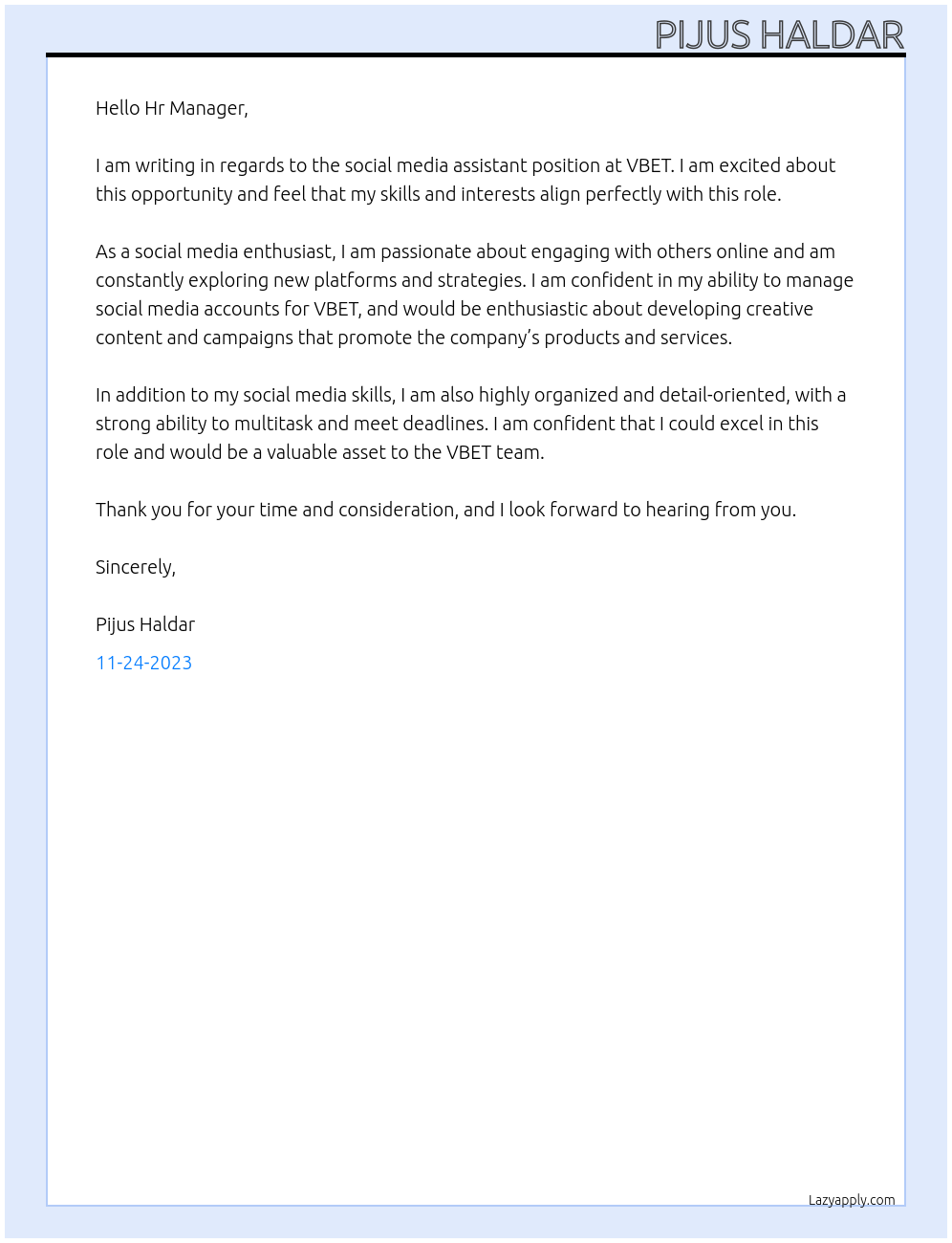 Social media assistant At VBET Cover Letter