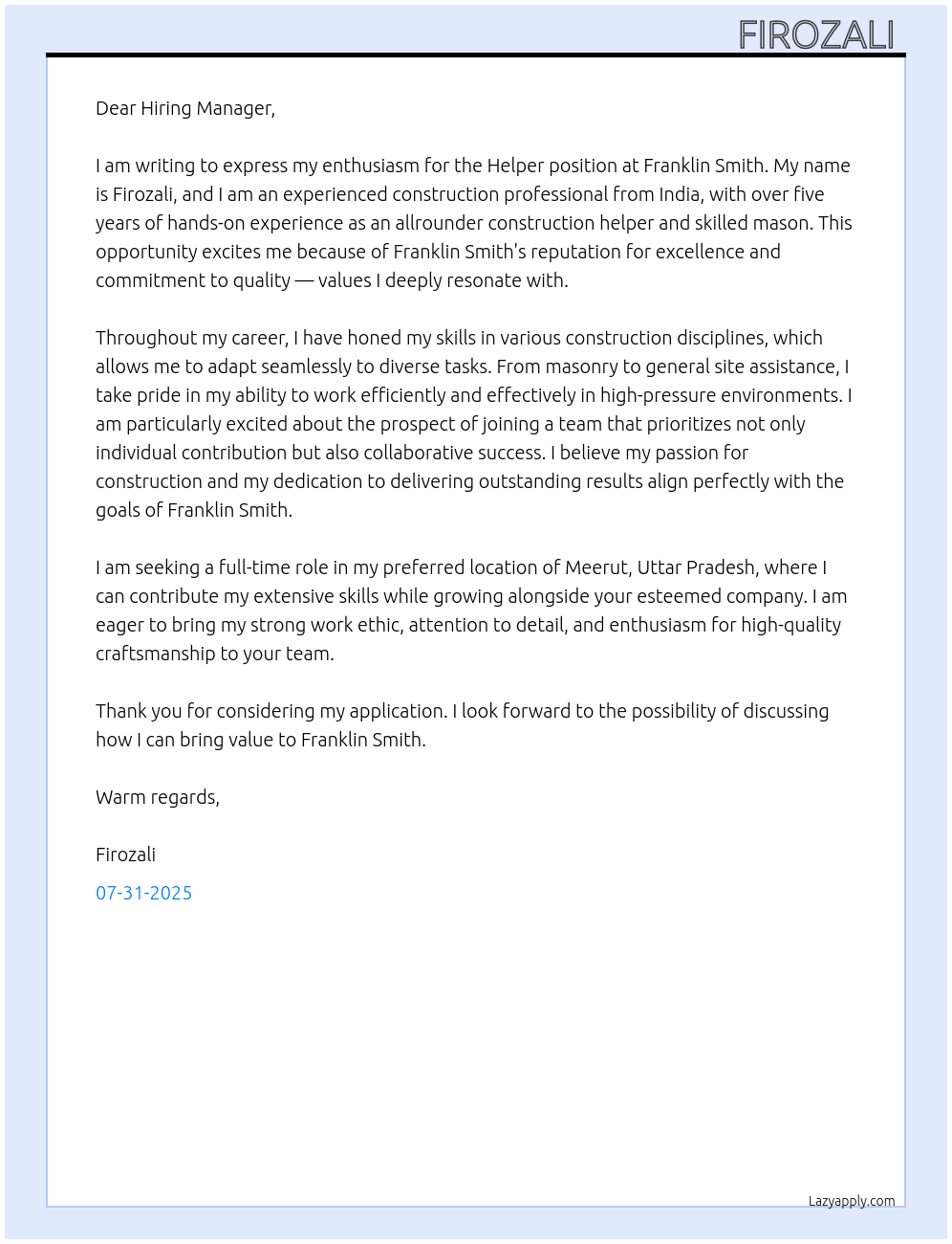 Helper  At Franklin smith. Cover Letter