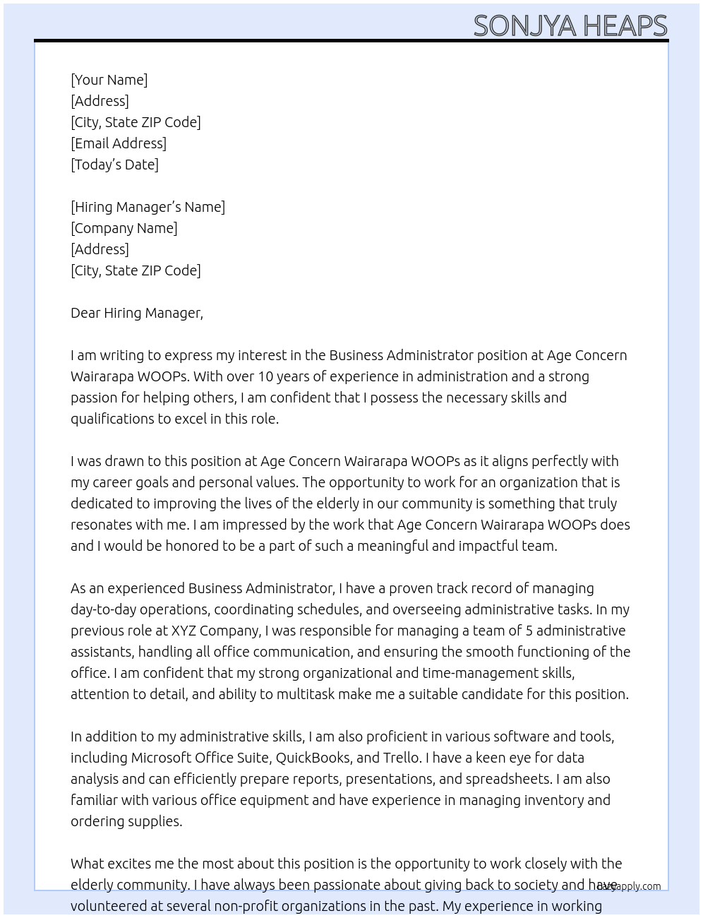 Business Administrator At Age Concern Wairarapa WOOPs Cover Letter