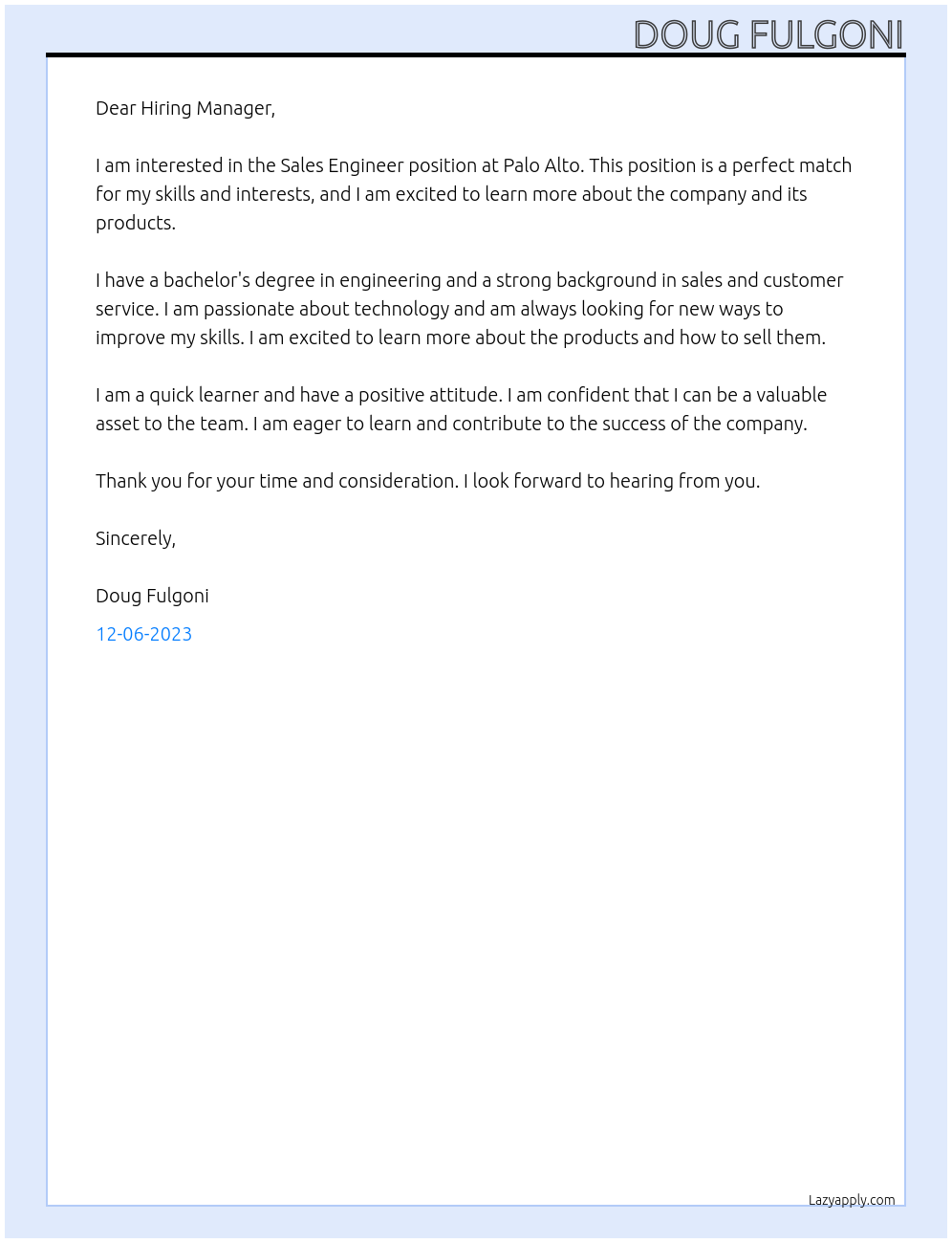 Sales Engineer At Palo Alto Cover Letter