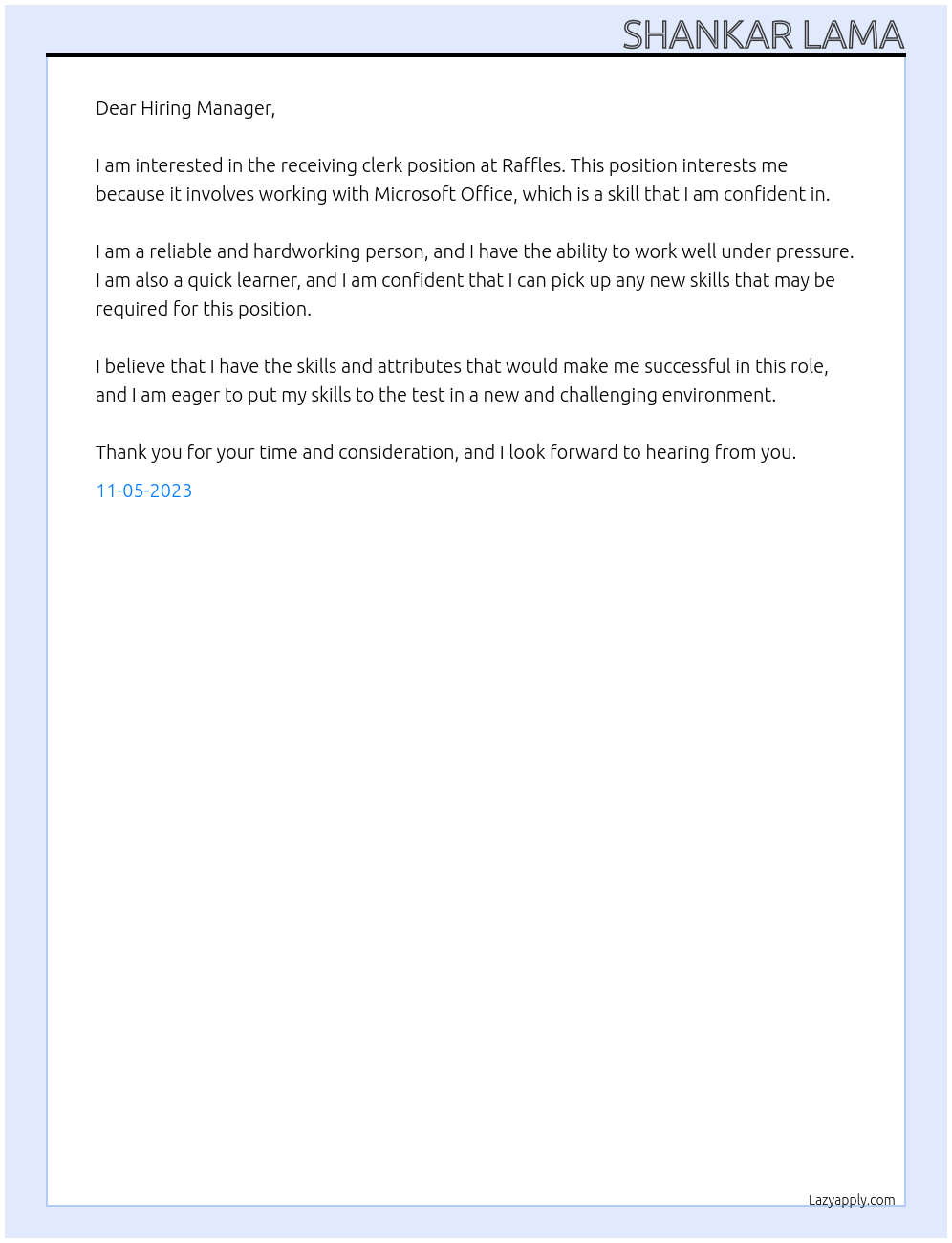 receiving clerk At Raffles Cover Letter