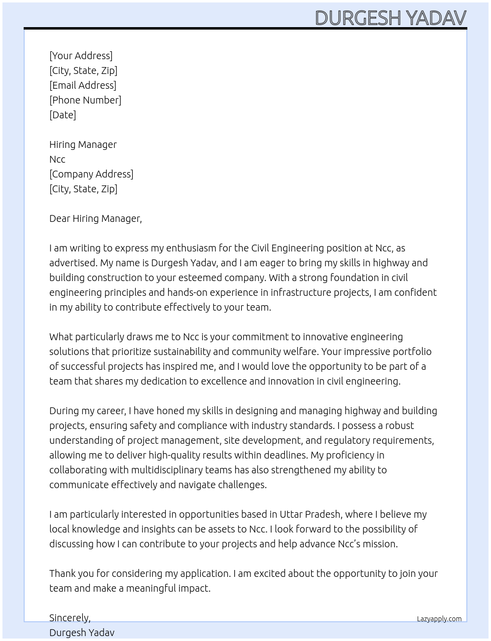 Civil engineering At Ncc Cover Letter