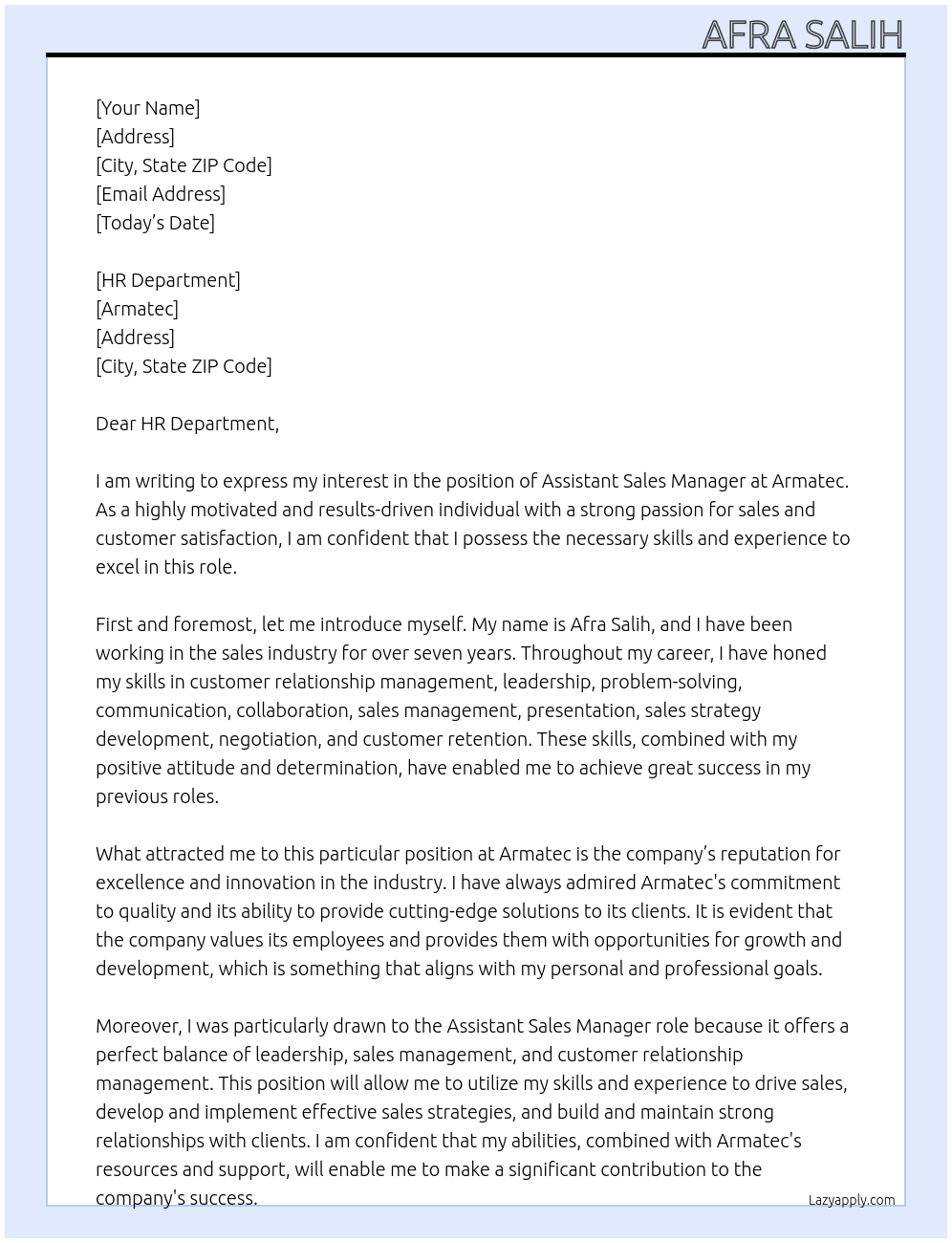 Assistant Sales Manager  At Armatec  Cover Letter