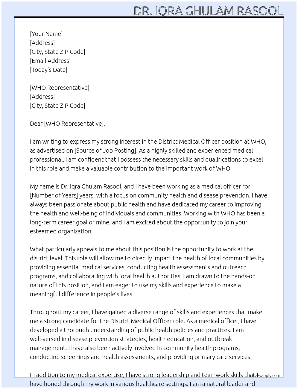 District Medical Officer At WHO Cover Letter