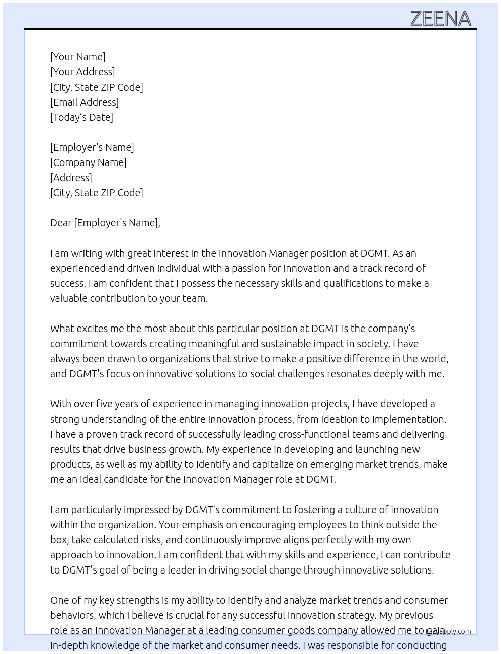 Innovation Manager At DGMT Cover Letter