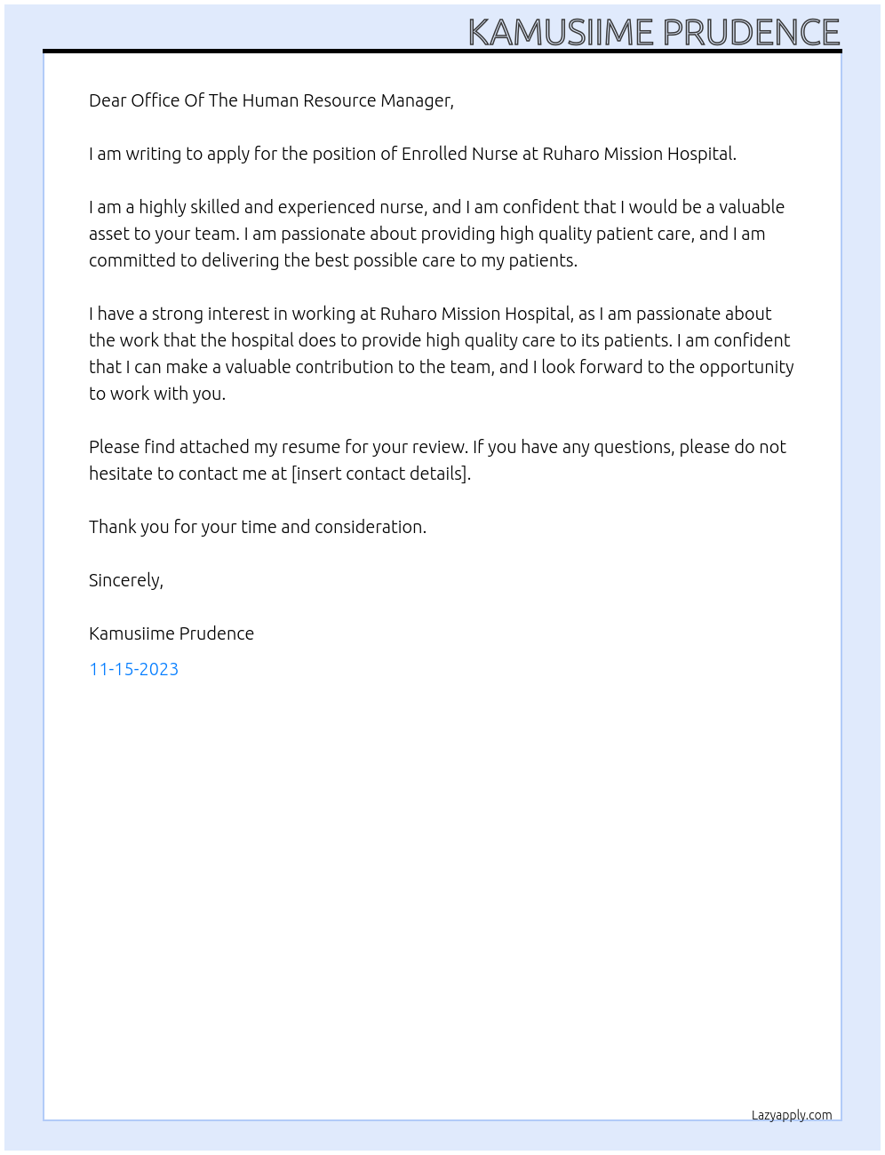 Enrolled Nurse At Ruharo Mission Hospital  Cover Letter