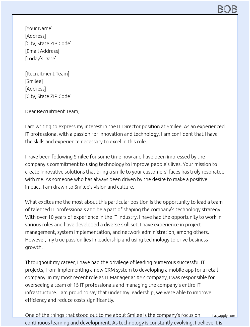 IT Director At Smilee Cover Letter